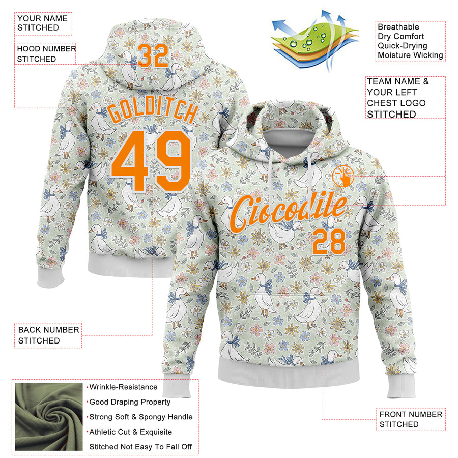 Custom Stitched Green Bay Orange-White 3D Emi Bee Wildflower Geese Sports Pullover Sweatshirt Hoodie