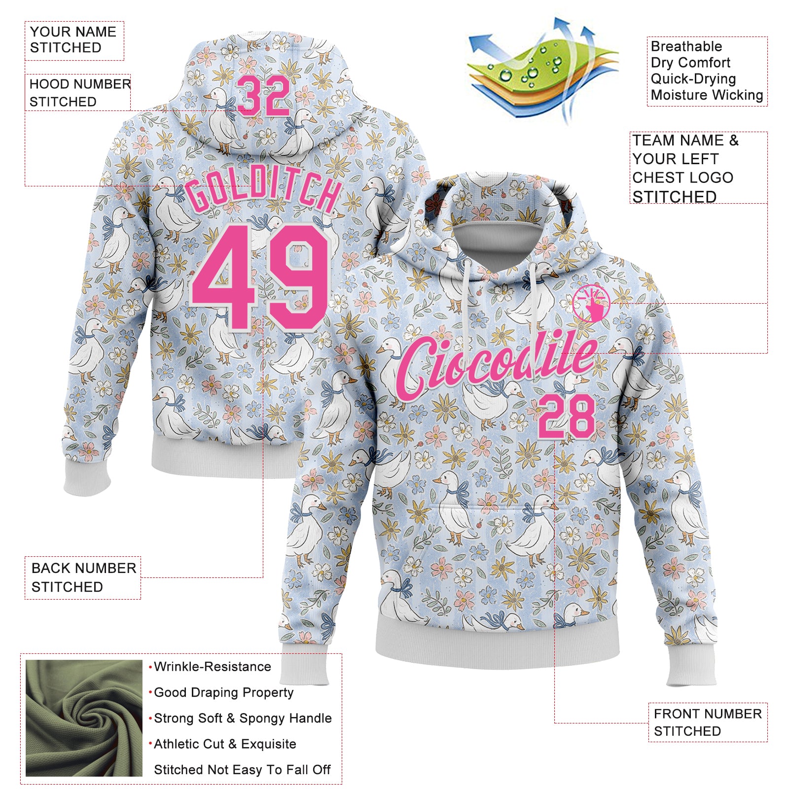 Custom Stitched Blue Pink-White 3D Emi Bee Wildflower Geese Sports Pullover Sweatshirt Hoodie