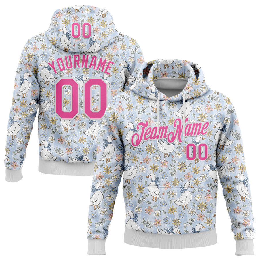 Custom Stitched Blue Pink-White 3D Emi Bee Wildflower Geese Sports Pullover Sweatshirt Hoodie