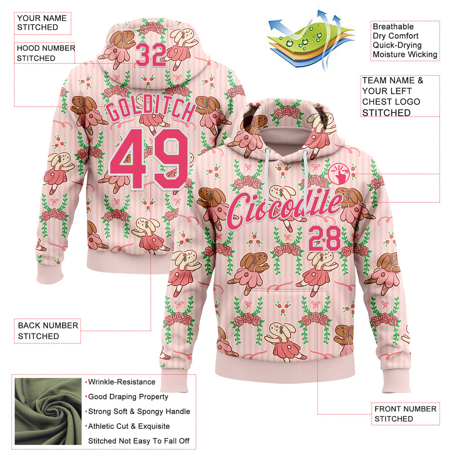 Custom Stitched Light Pink Neon Pink-White 3D Emi Bee Ballet Bunnies Sports Pullover Sweatshirt Hoodie