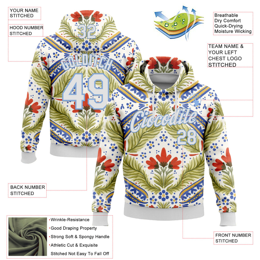 Custom Stitched White Light Blue 3D Emi Bee Bretagne Bouquets Sports Pullover Sweatshirt Hoodie