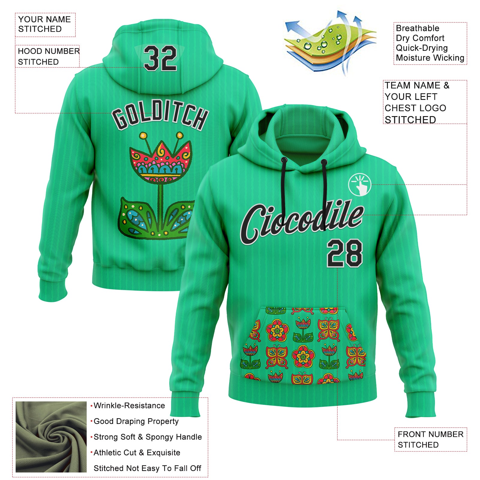 Custom Stitched Green Black-White 3D Emi Bee Butterfly Flower Sports Pullover Sweatshirt Hoodie