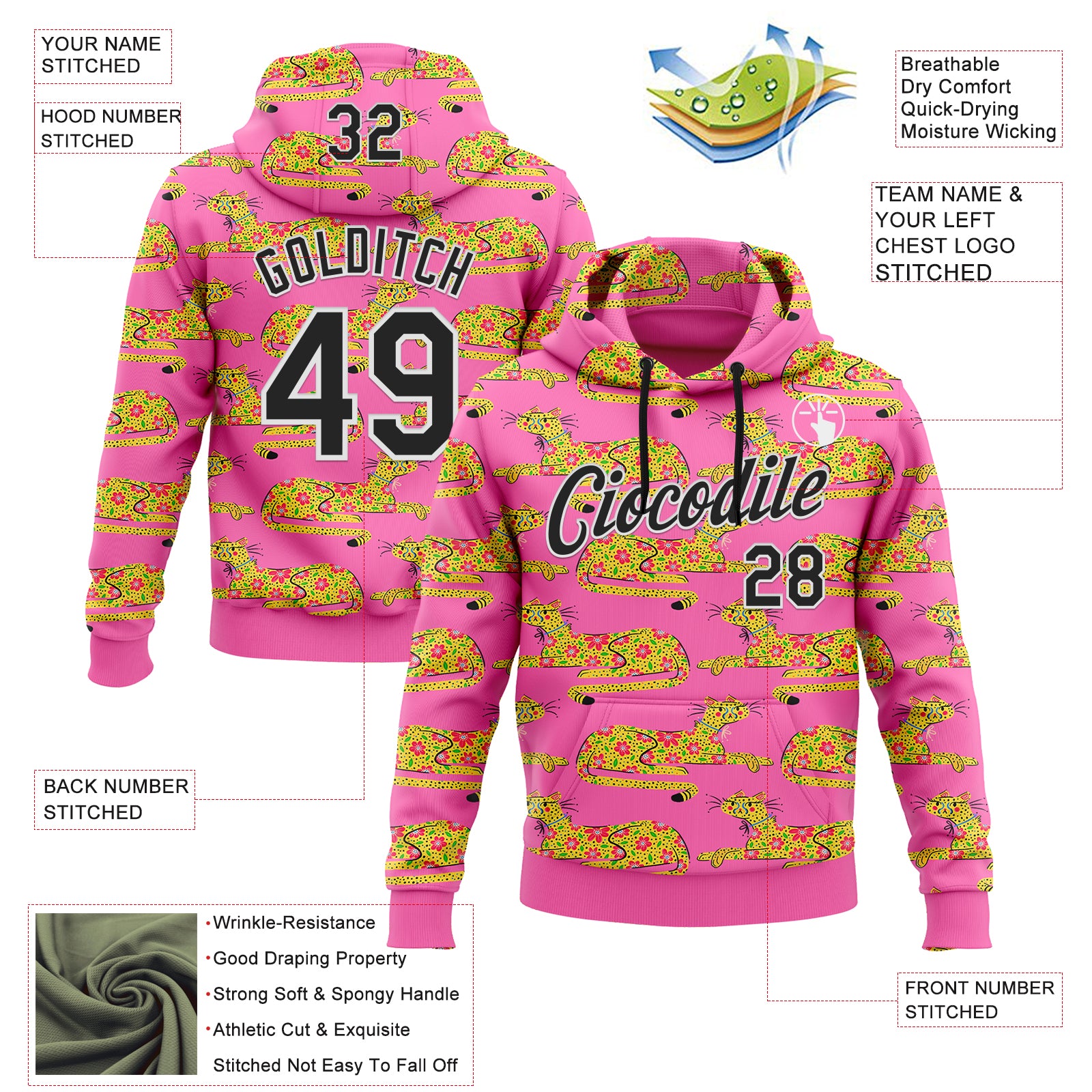Custom Stitched Pink Black-White 3D Emi Bee Cheetahs Sports Pullover Sweatshirt Hoodie