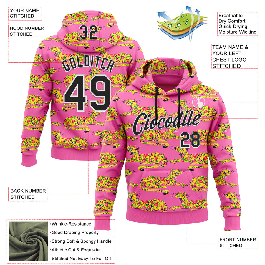 Custom Stitched Pink Black-White 3D Emi Bee Cheetahs Sports Pullover Sweatshirt Hoodie
