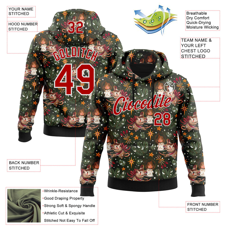 Custom Stitched Green Red-White 3D Emi Bee Christmas Mouse Candle Sports Pullover Sweatshirt Hoodie