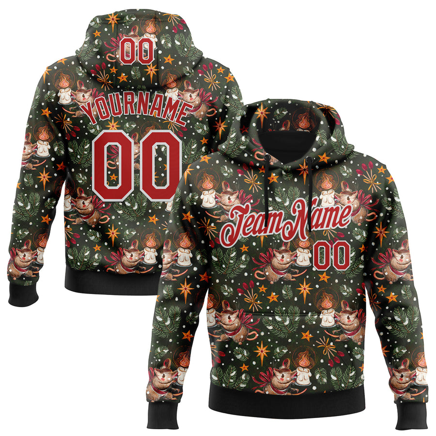 Custom Stitched Green Red-White 3D Emi Bee Christmas Mouse Candle Sports Pullover Sweatshirt Hoodie