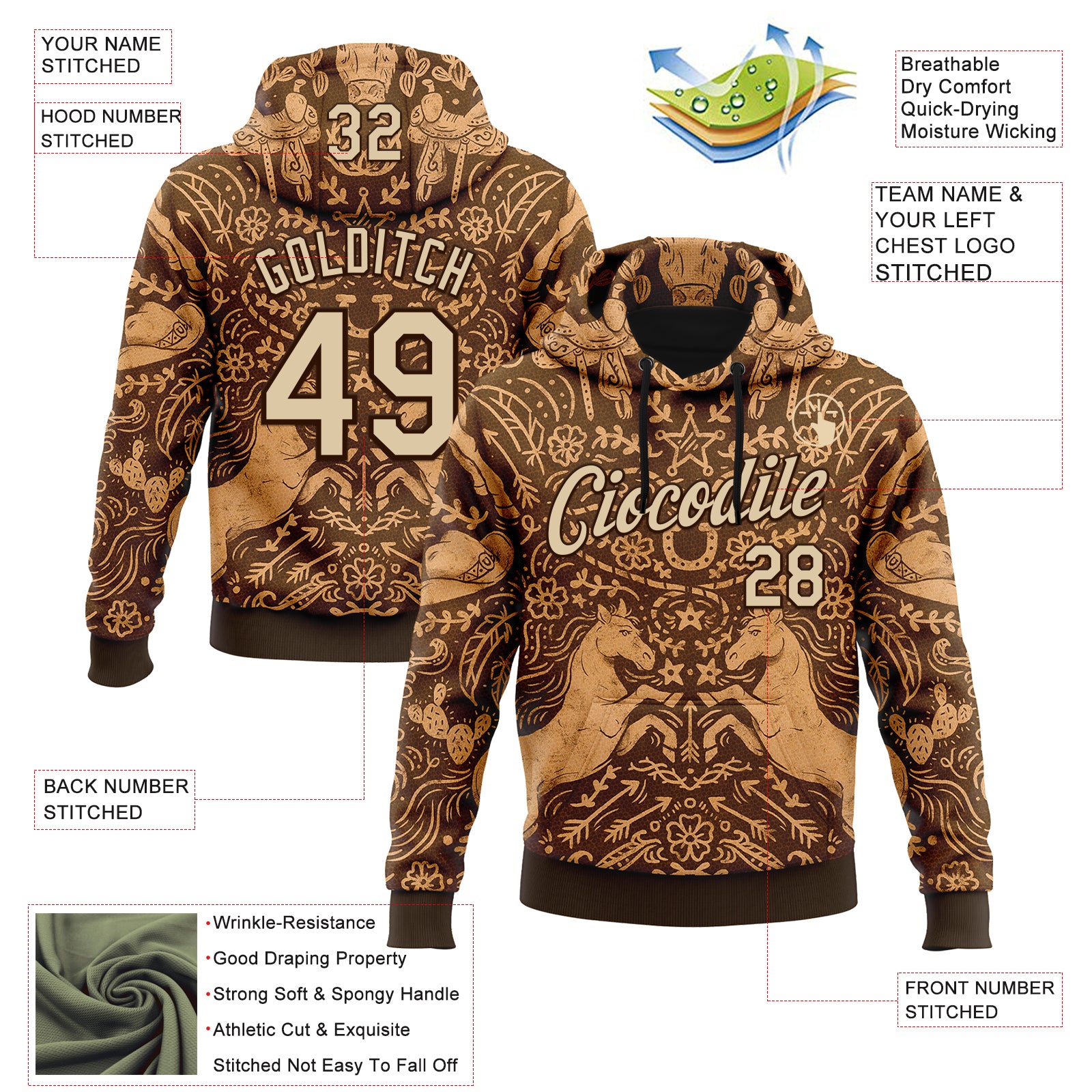 Custom Stitched Brown City Cream 3D Emi Bee Cowpoke Damask Sports Pullover Sweatshirt Hoodie