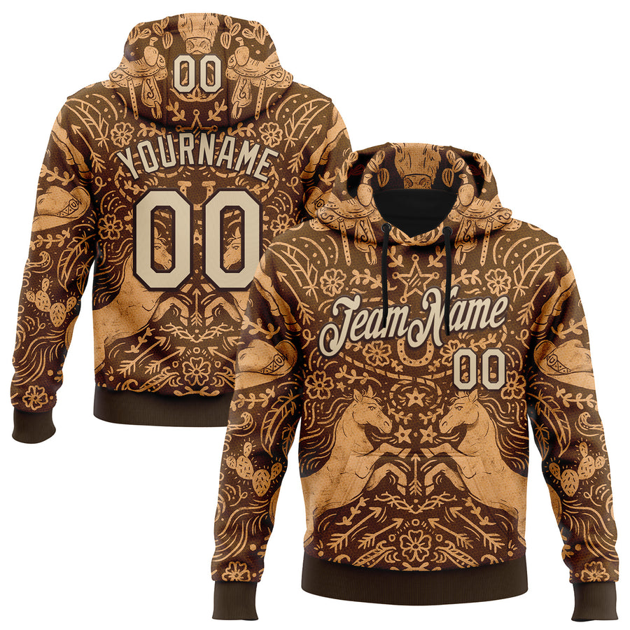 Custom Stitched Brown City Cream 3D Emi Bee Cowpoke Damask Sports Pullover Sweatshirt Hoodie