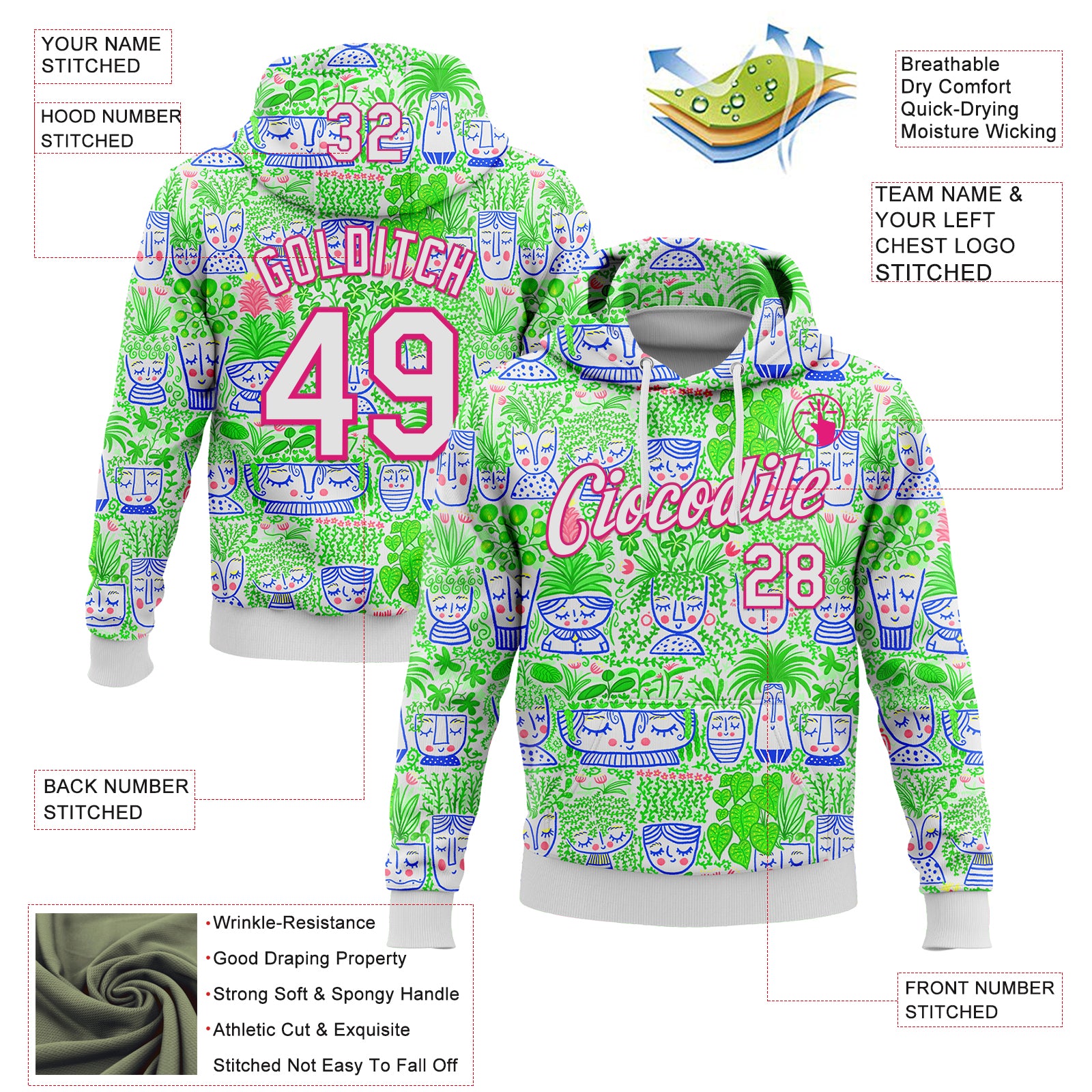 Custom Stitched White Hot Pink 3D Emi Bee Facepots Sports Pullover Sweatshirt Hoodie