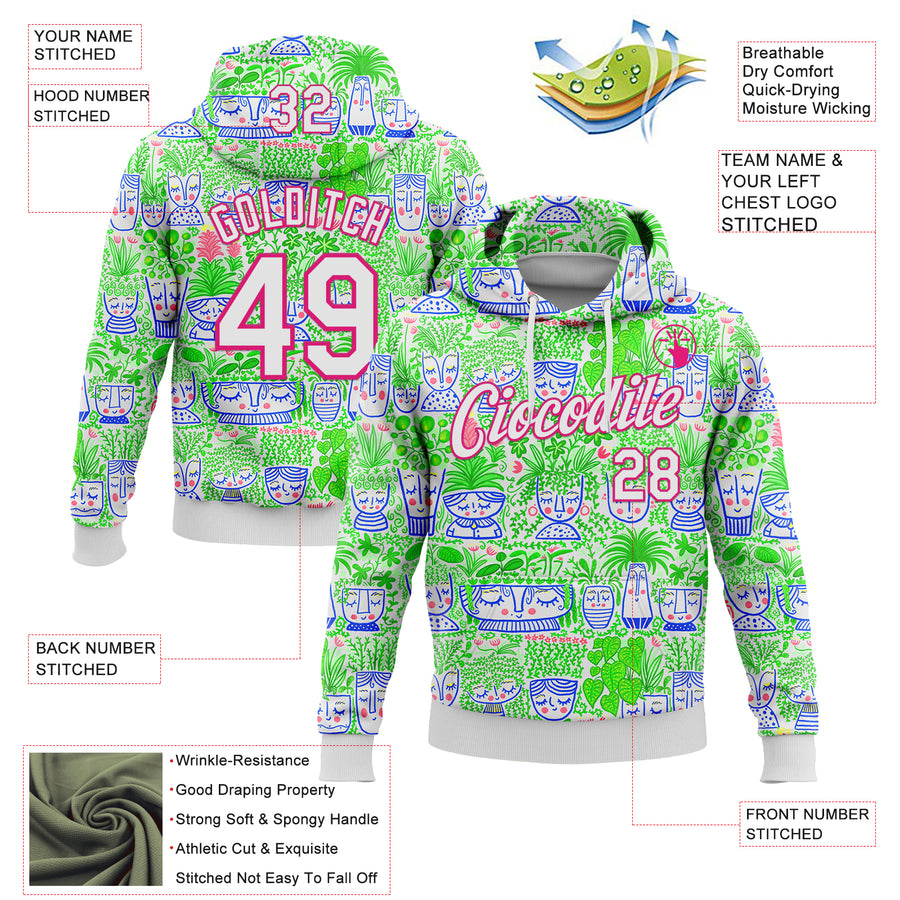 Custom Stitched White Hot Pink 3D Emi Bee Facepots Sports Pullover Sweatshirt Hoodie