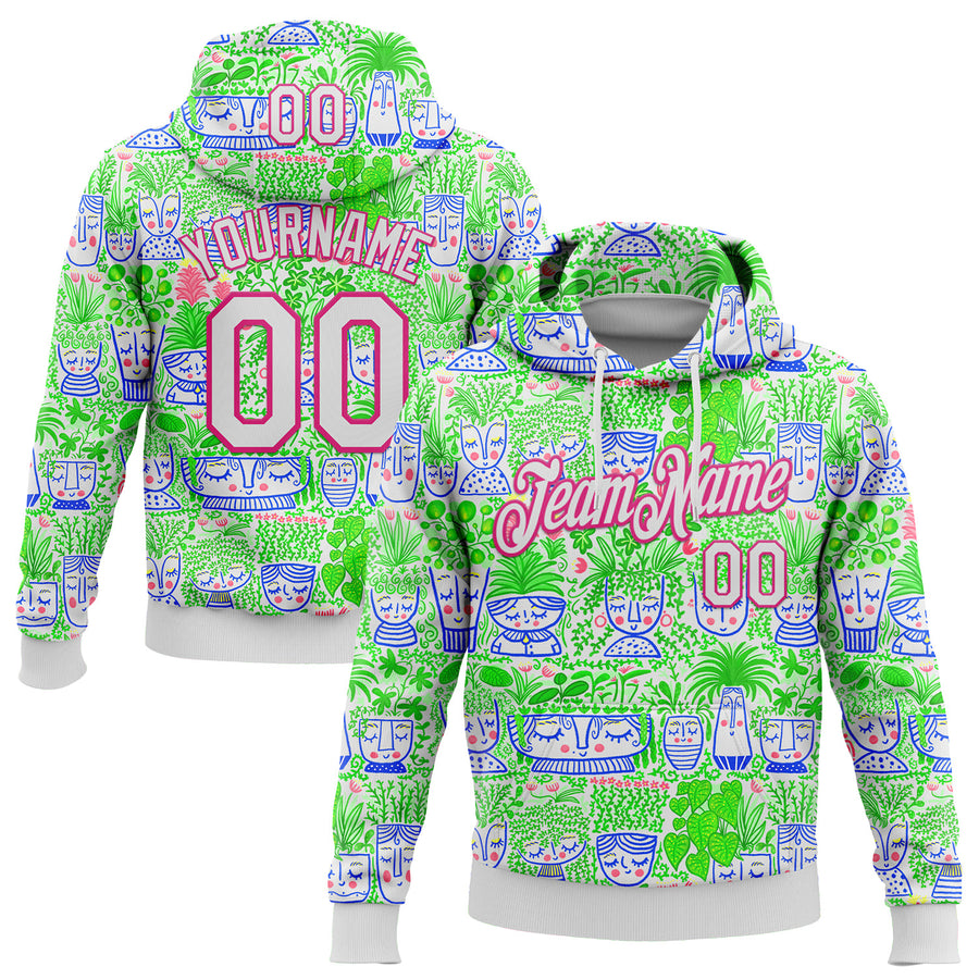 Custom Stitched White Hot Pink 3D Emi Bee Facepots Sports Pullover Sweatshirt Hoodie