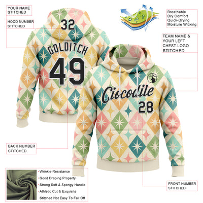 Custom Stitched Cream Black-White 3D Emi Bee Harlequin Starbursts Sports Pullover Sweatshirt Hoodie