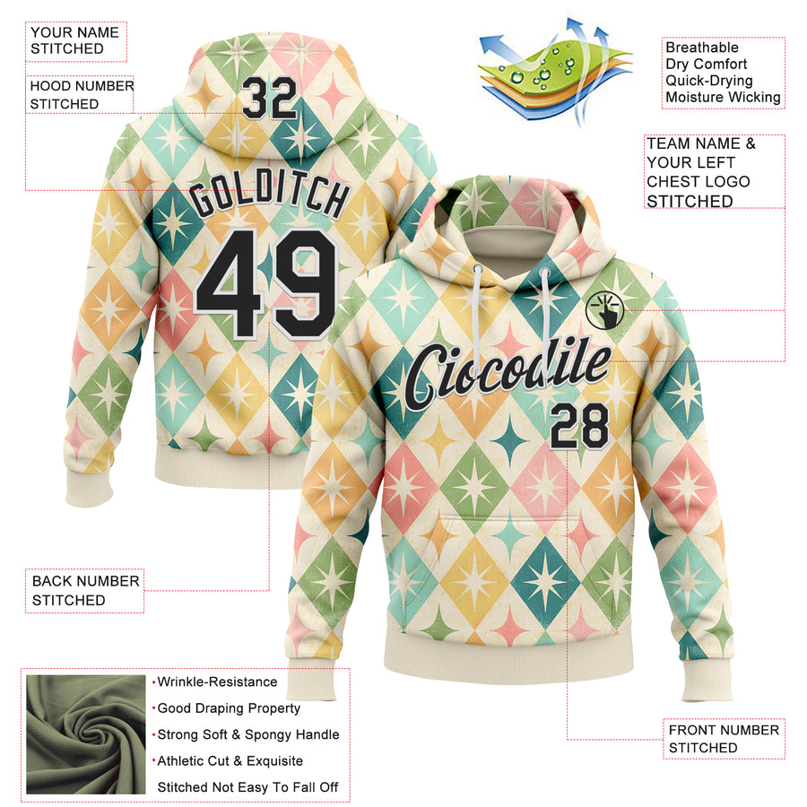 Custom Stitched Cream Black-White 3D Emi Bee Harlequin Starbursts Sports Pullover Sweatshirt Hoodie