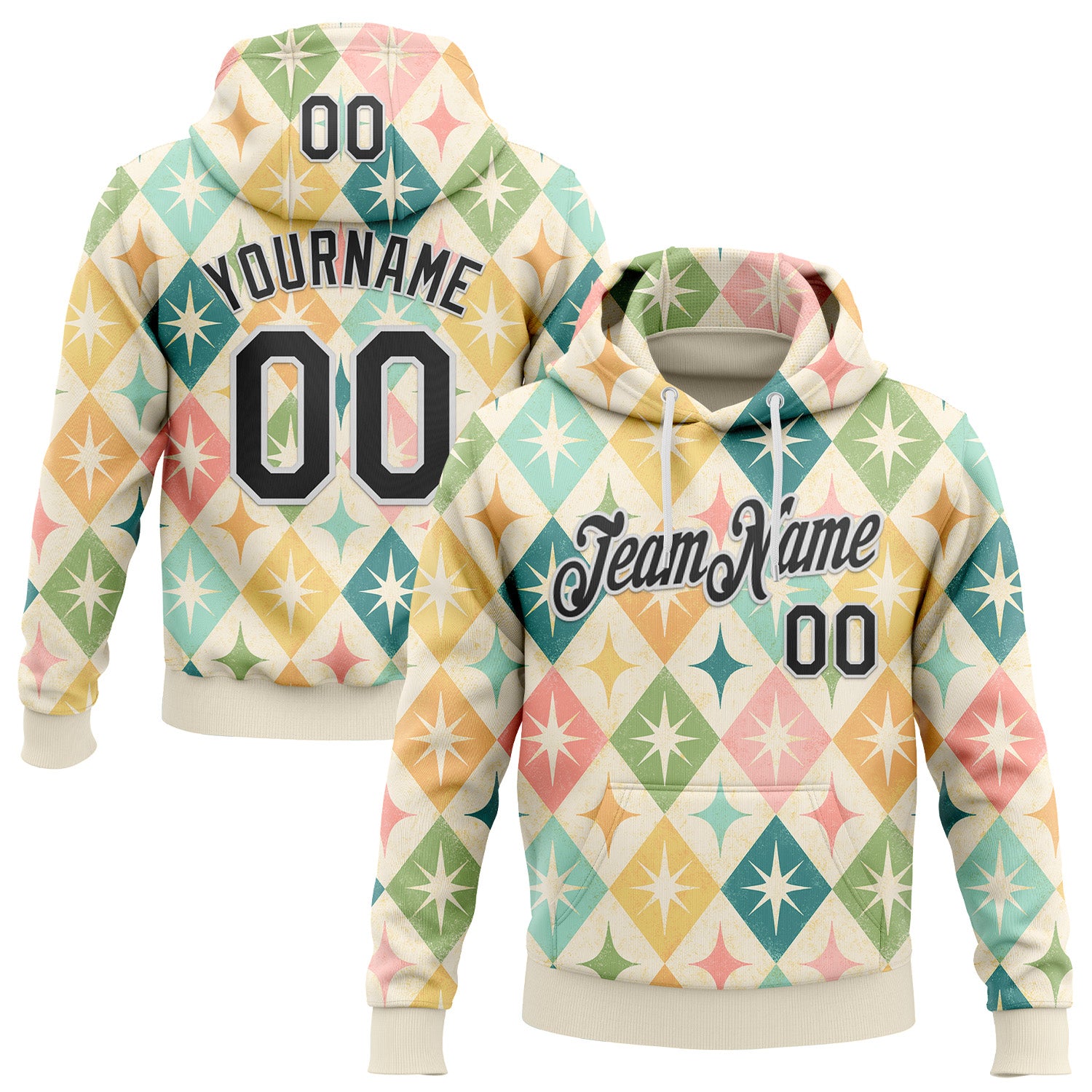 Custom Stitched Cream Black-White 3D Emi Bee Harlequin Starbursts Sports Pullover Sweatshirt Hoodie