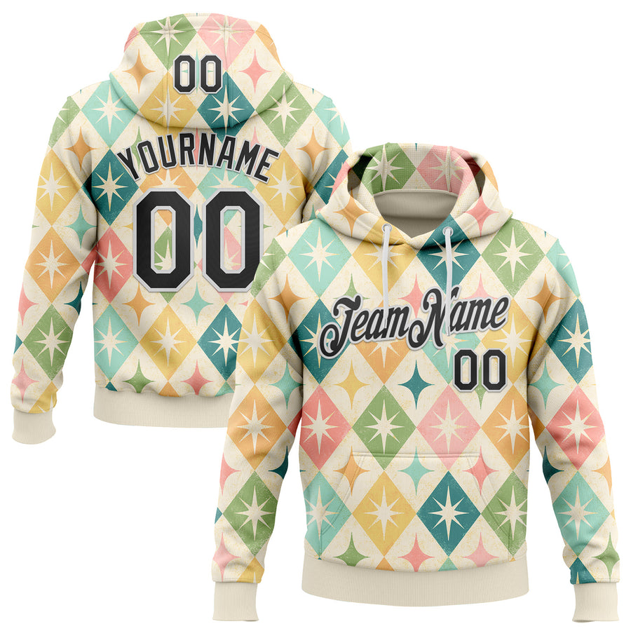 Custom Stitched Cream Black-White 3D Emi Bee Harlequin Starbursts Sports Pullover Sweatshirt Hoodie