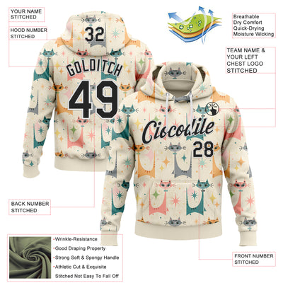 Custom Stitched Cream Black-White 3D Emi Bee MCM Cats Sports Pullover Sweatshirt Hoodie