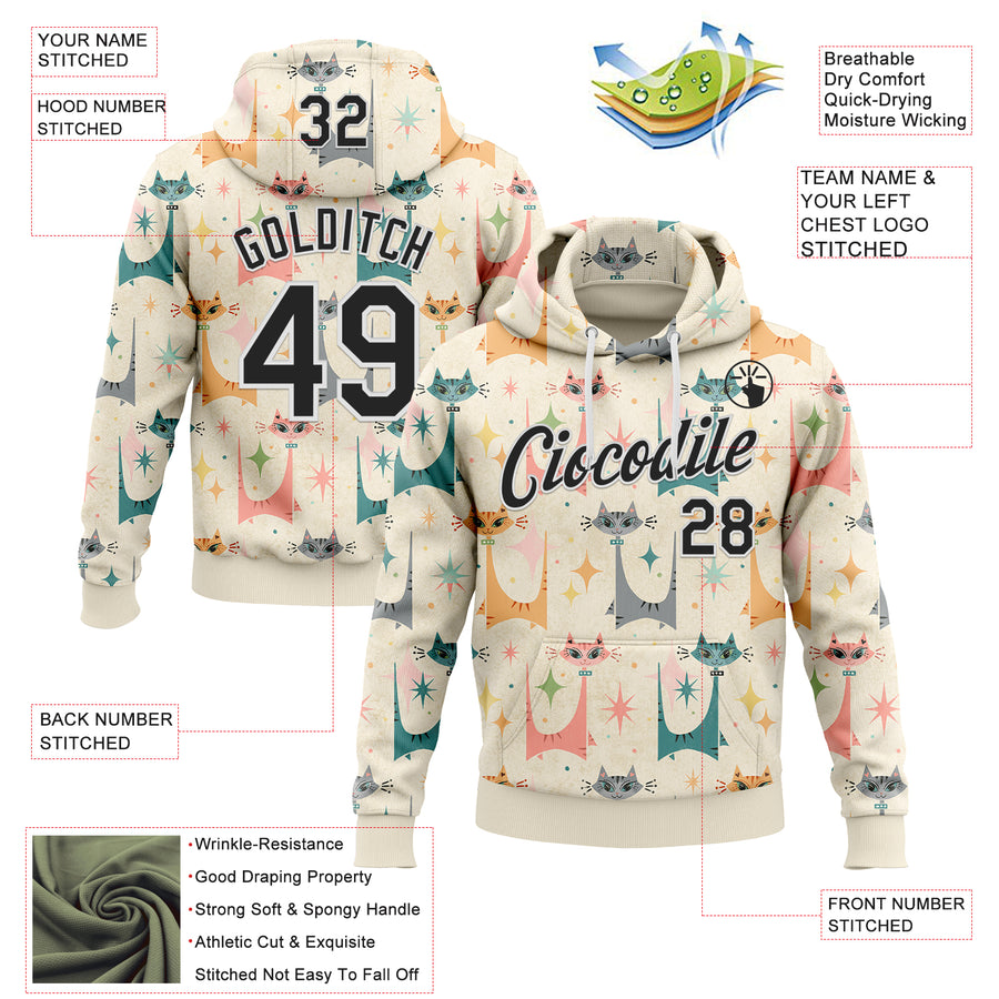 Custom Stitched Cream Black-White 3D Emi Bee MCM Cats Sports Pullover Sweatshirt Hoodie