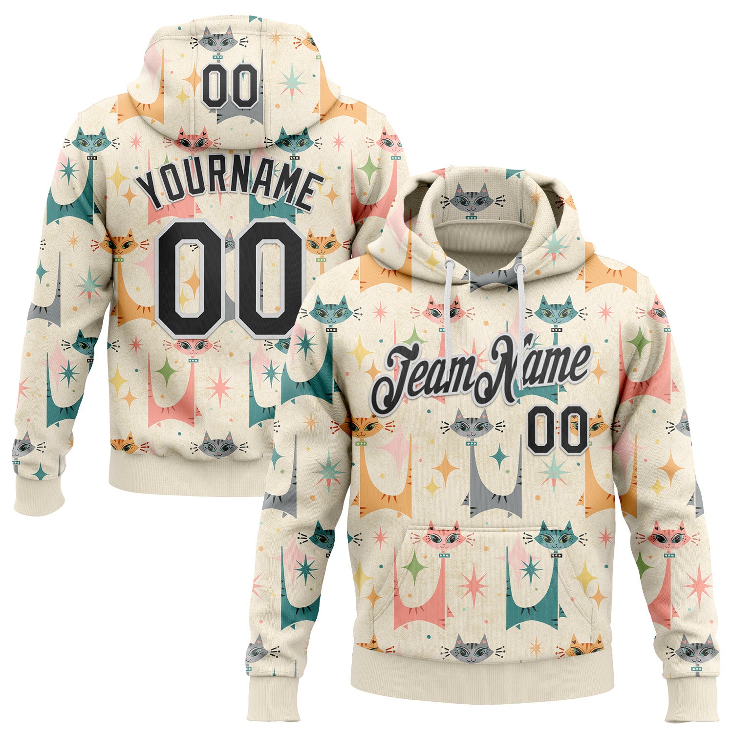 Custom Stitched Cream Black-White 3D Emi Bee MCM Cats Sports Pullover Sweatshirt Hoodie