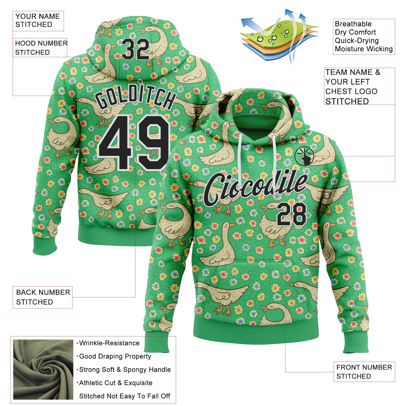 Custom Stitched Green Black-White 3D Emi Bee Meadow Geese Sports Pullover Sweatshirt Hoodie