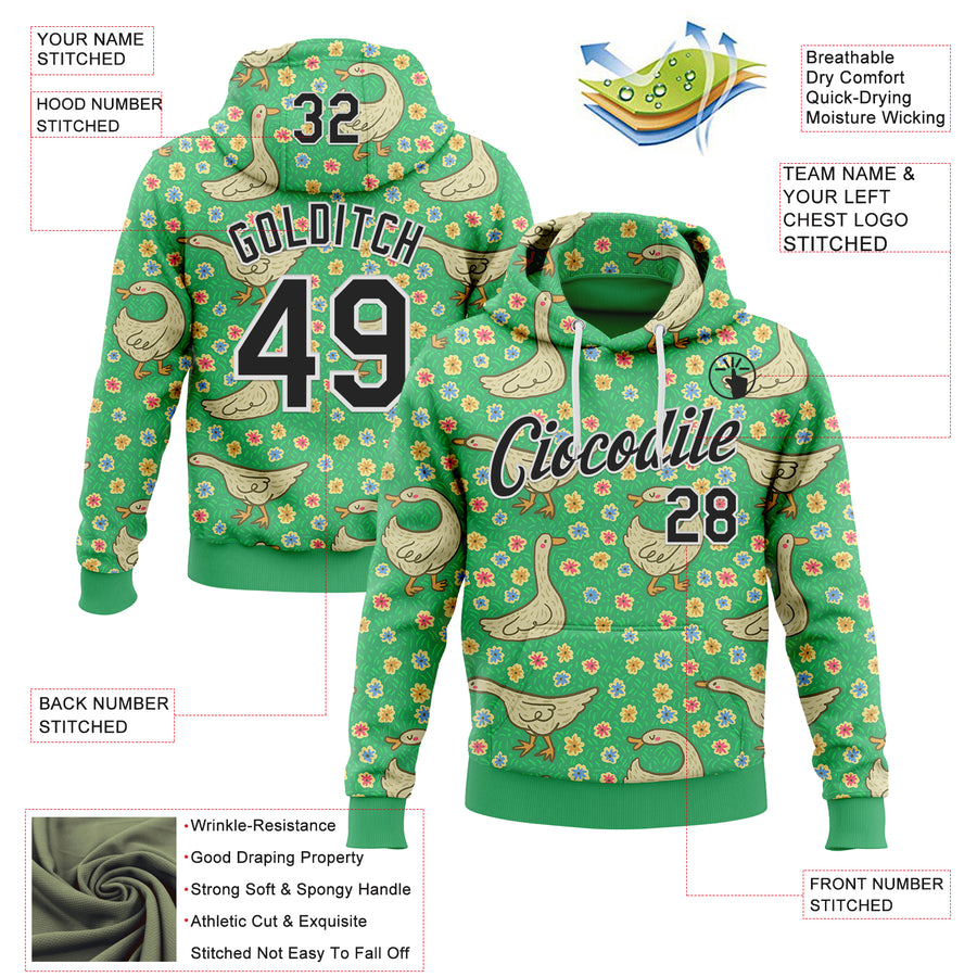 Custom Stitched Green Black-White 3D Emi Bee Meadow Geese Sports Pullover Sweatshirt Hoodie