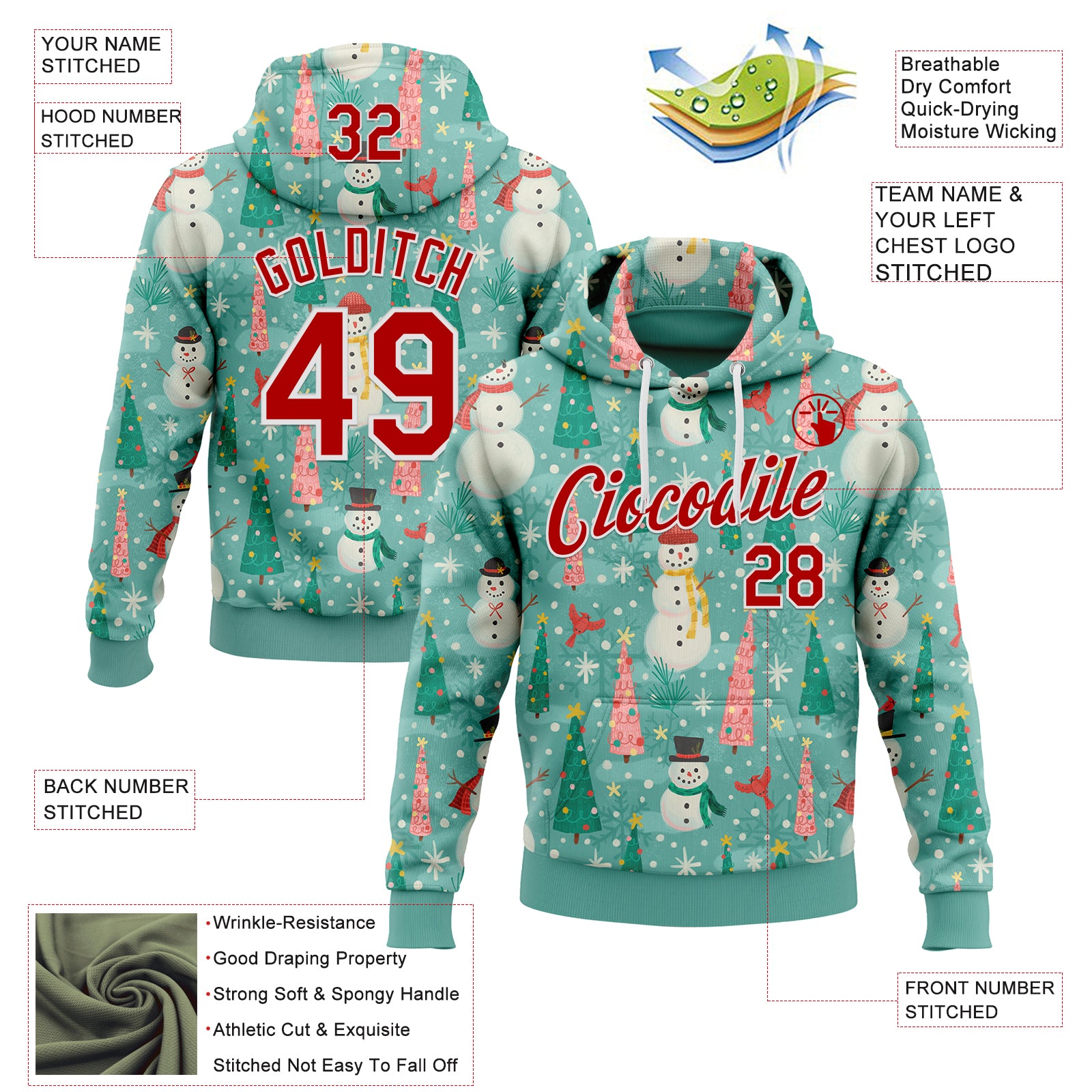 Custom Stitched Green Red-White 3D Emi Bee Merry Snowmen Sports Pullover Sweatshirt Hoodie