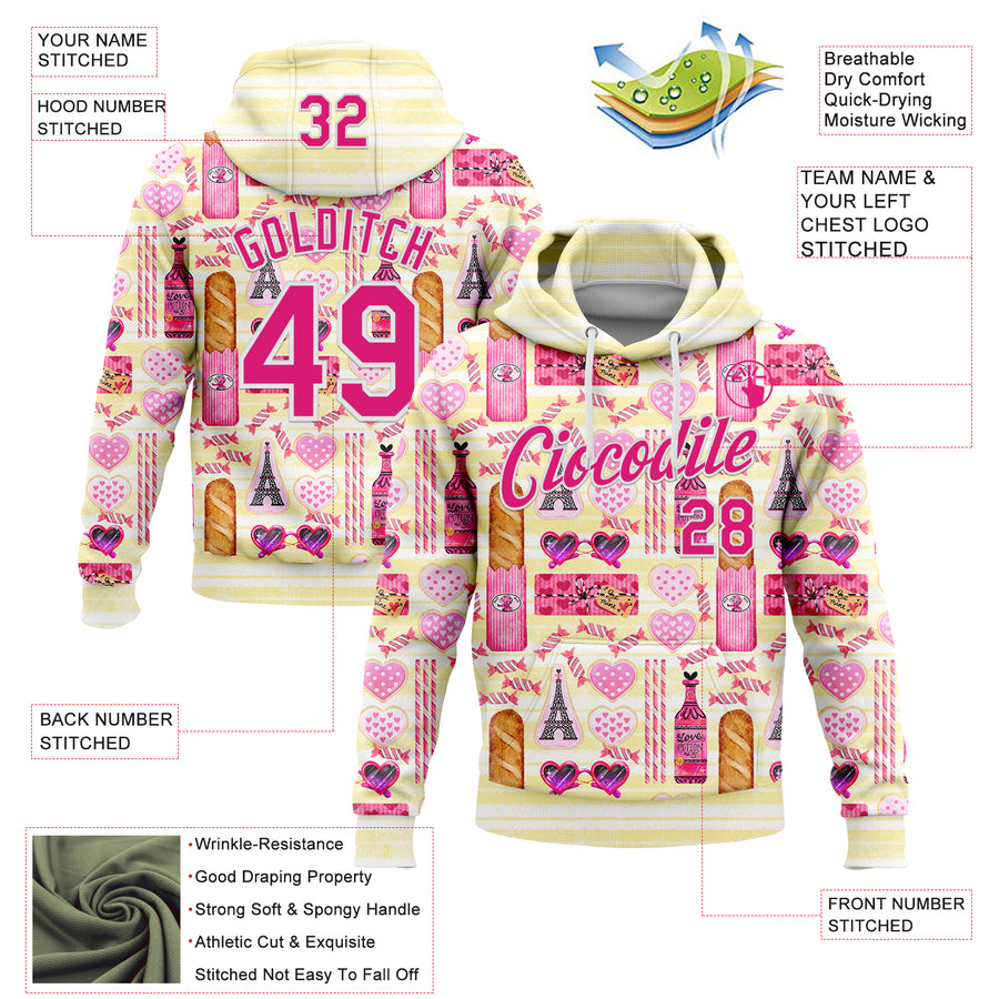 Custom Stitched White Hot Pink-Light Yellow 3D Emi Bee Parisian Valentine Sports Pullover Sweatshirt Hoodie