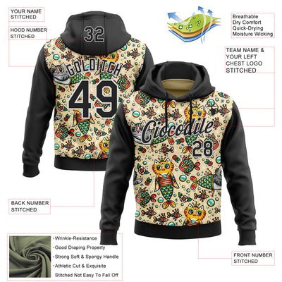 Custom Stitched Cream Black-White 3D Emi Bee Purrmaids Sports Pullover Sweatshirt Hoodie