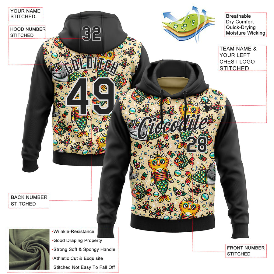 Custom Stitched Cream Black-White 3D Emi Bee Purrmaids Sports Pullover Sweatshirt Hoodie