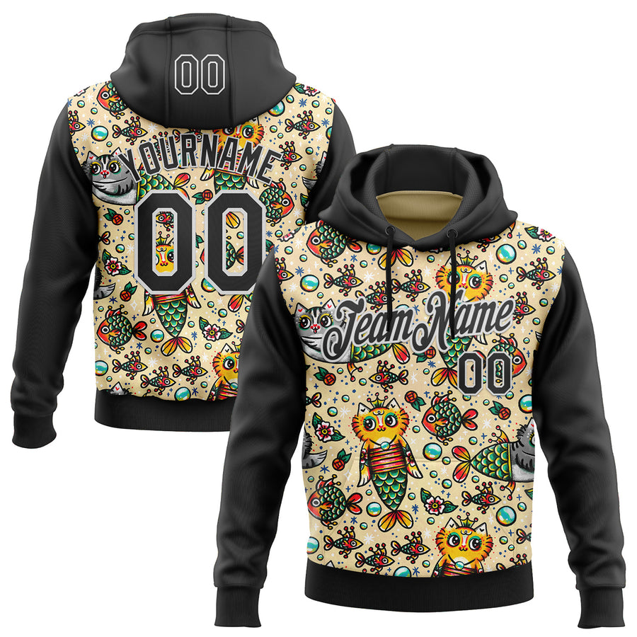 Custom Stitched Cream Black-White 3D Emi Bee Purrmaids Sports Pullover Sweatshirt Hoodie