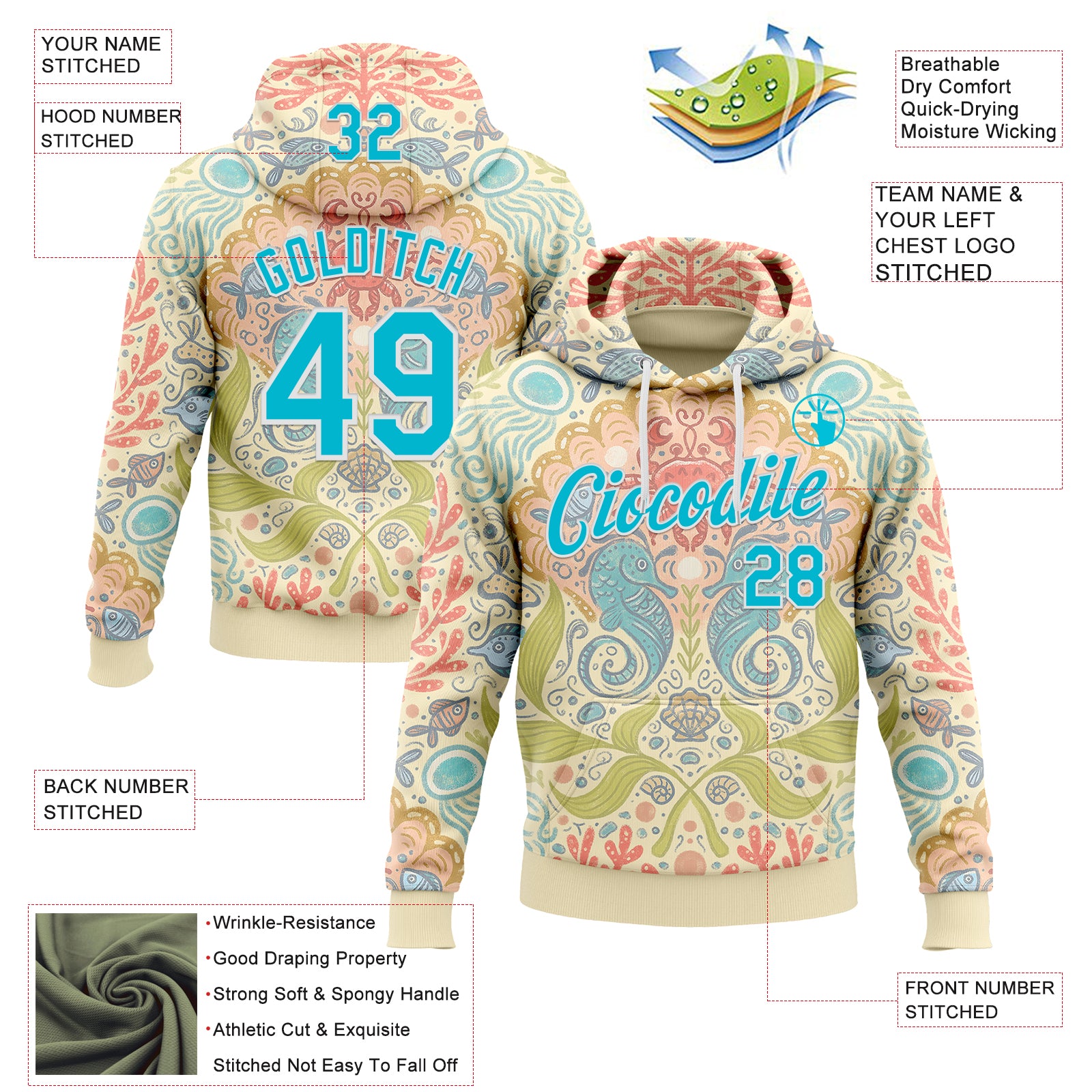 Custom Stitched Cream Lakes Blue-White 3D Emi Bee Seahorse Symphony Sports Pullover Sweatshirt Hoodie