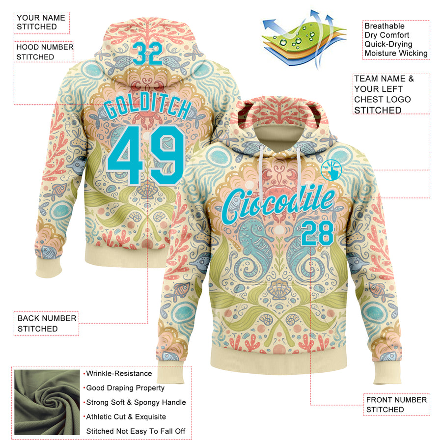 Custom Stitched Cream Lakes Blue-White 3D Emi Bee Seahorse Symphony Sports Pullover Sweatshirt Hoodie