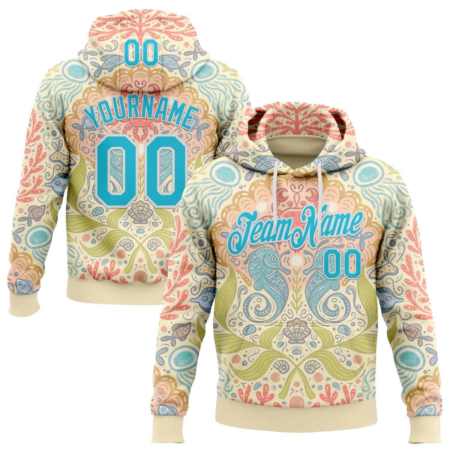 Custom Stitched Cream Lakes Blue-White 3D Emi Bee Seahorse Symphony Sports Pullover Sweatshirt Hoodie