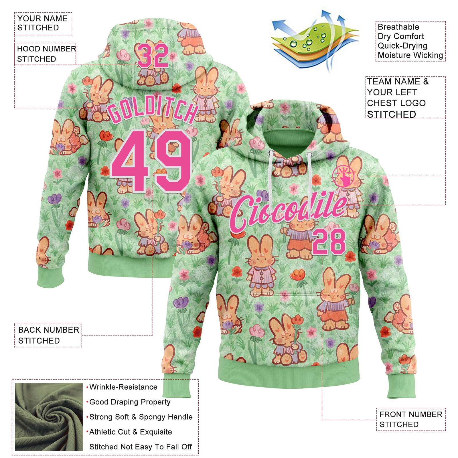 Custom Stitched Green Pink-White 3D Emi Bee Spring Bunnies Sports Pullover Sweatshirt Hoodie