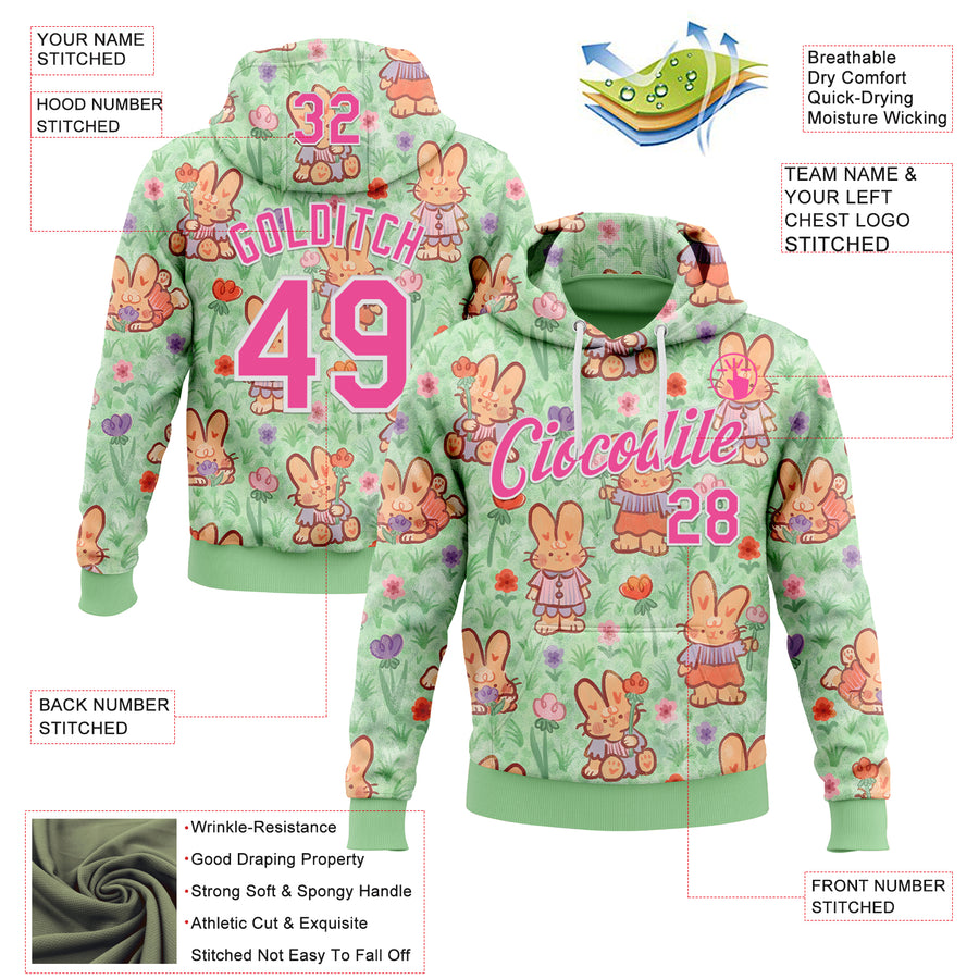 Custom Stitched Green Pink-White 3D Emi Bee Spring Bunnies Sports Pullover Sweatshirt Hoodie