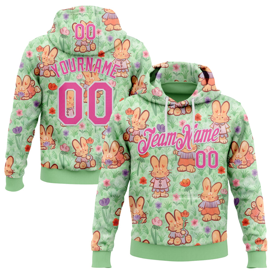 Custom Stitched Green Pink-White 3D Emi Bee Spring Bunnies Sports Pullover Sweatshirt Hoodie