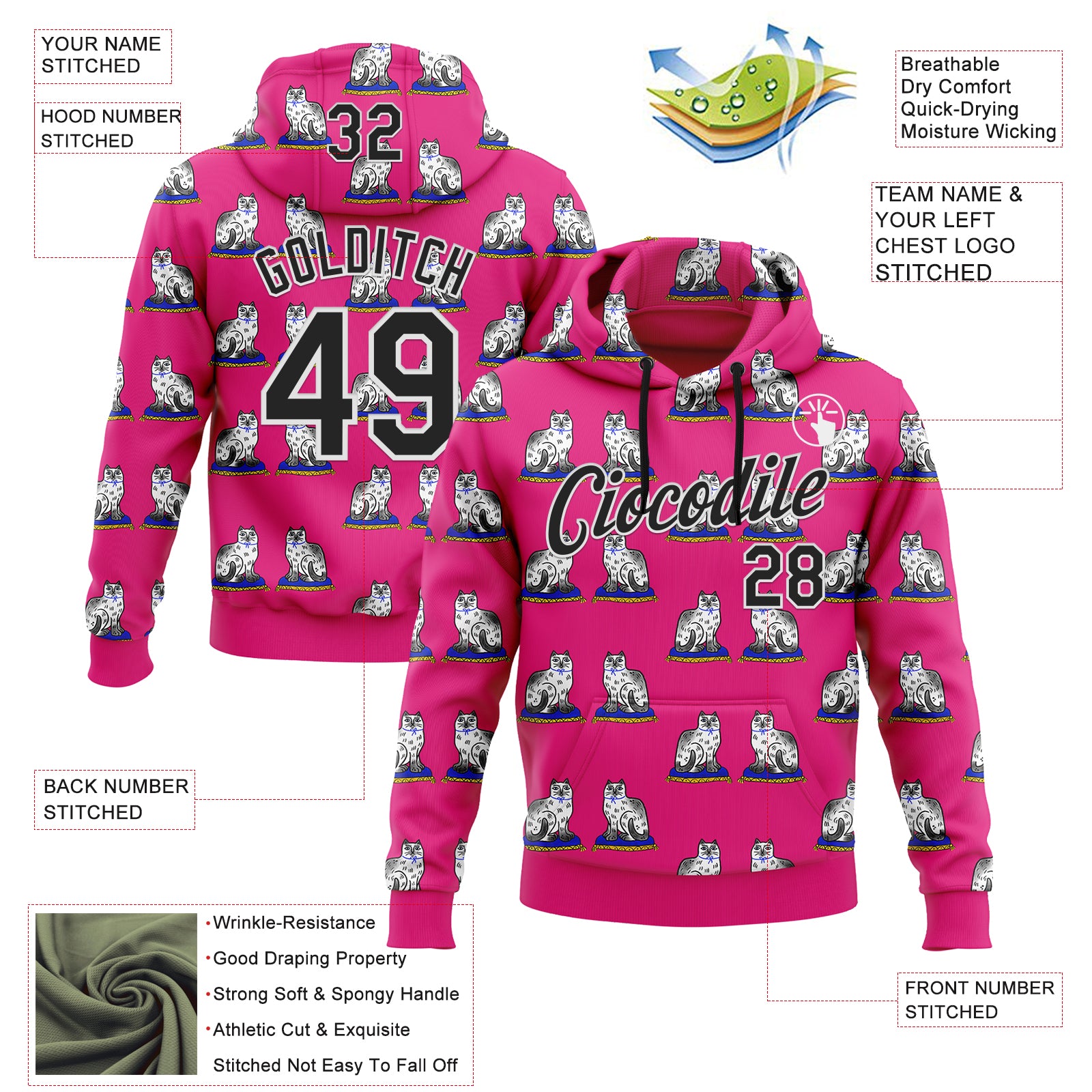 Custom Stitched Hot Pink Black-White 3D Emi Bee Staffordshire Cat Sports Pullover Sweatshirt Hoodie