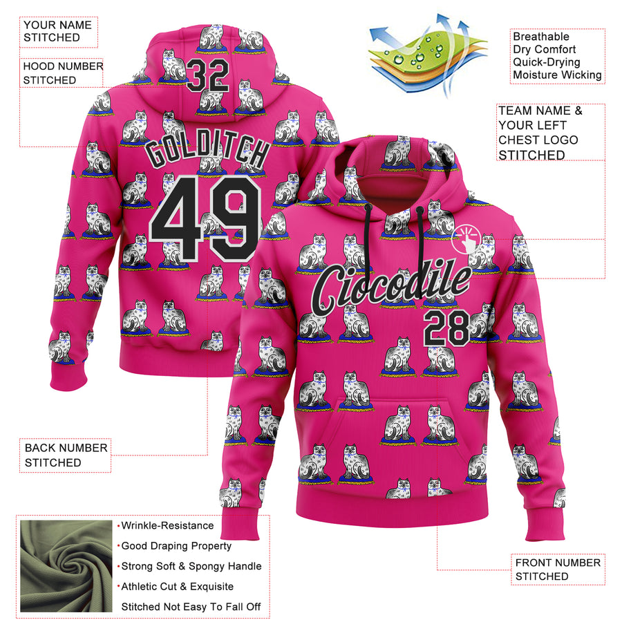 Custom Stitched Hot Pink Black-White 3D Emi Bee Staffordshire Cat Sports Pullover Sweatshirt Hoodie