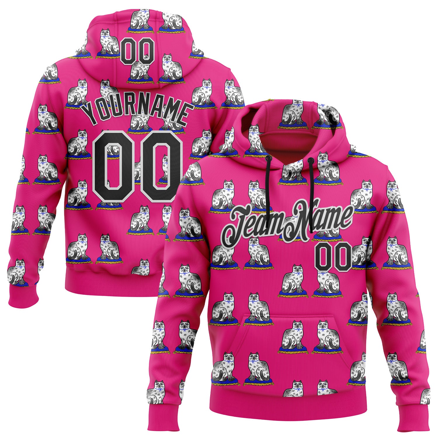 Custom Stitched Hot Pink Black-White 3D Emi Bee Staffordshire Cat Sports Pullover Sweatshirt Hoodie