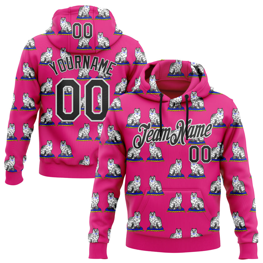 Custom Stitched Hot Pink Black-White 3D Emi Bee Staffordshire Cat Sports Pullover Sweatshirt Hoodie