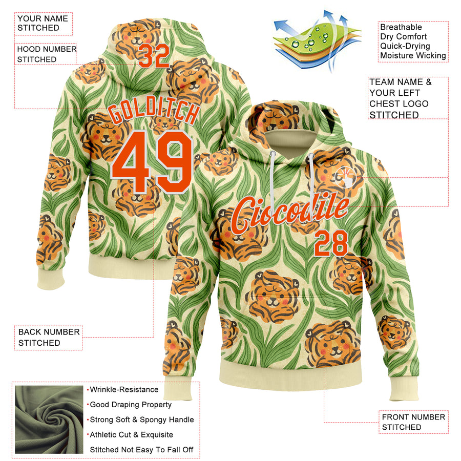 Custom Stitched Cream Orange-White 3D Emi Bee Tiger Lilies Sports Pullover Sweatshirt Hoodie