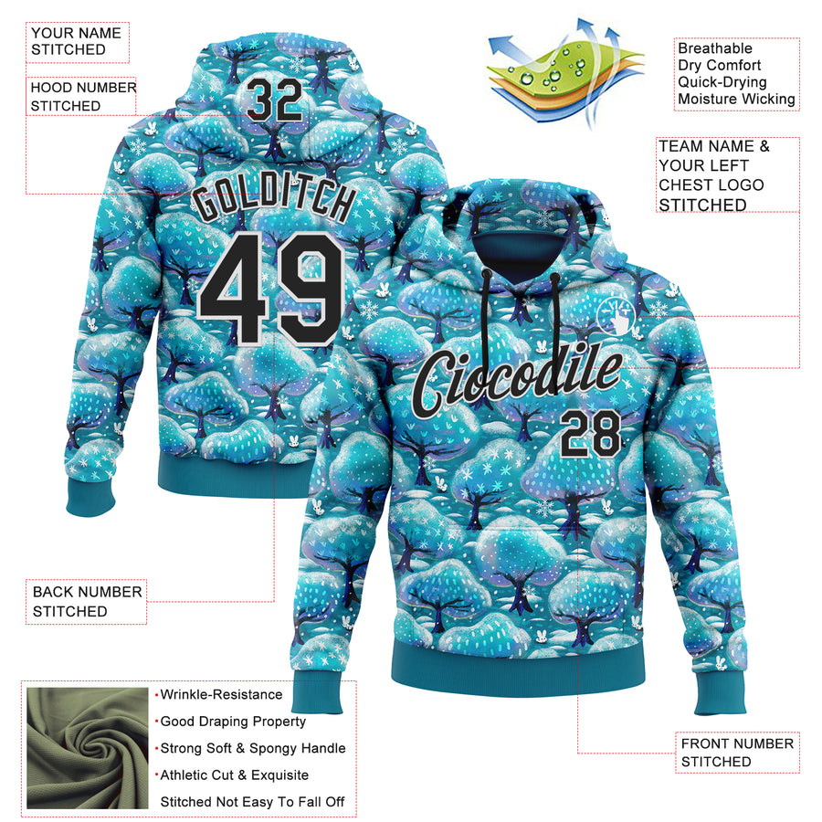 Custom Stitched Blue Black-White 3D Emi Bee Winter Trees And Bunnies Sports Pullover Sweatshirt Hoodie