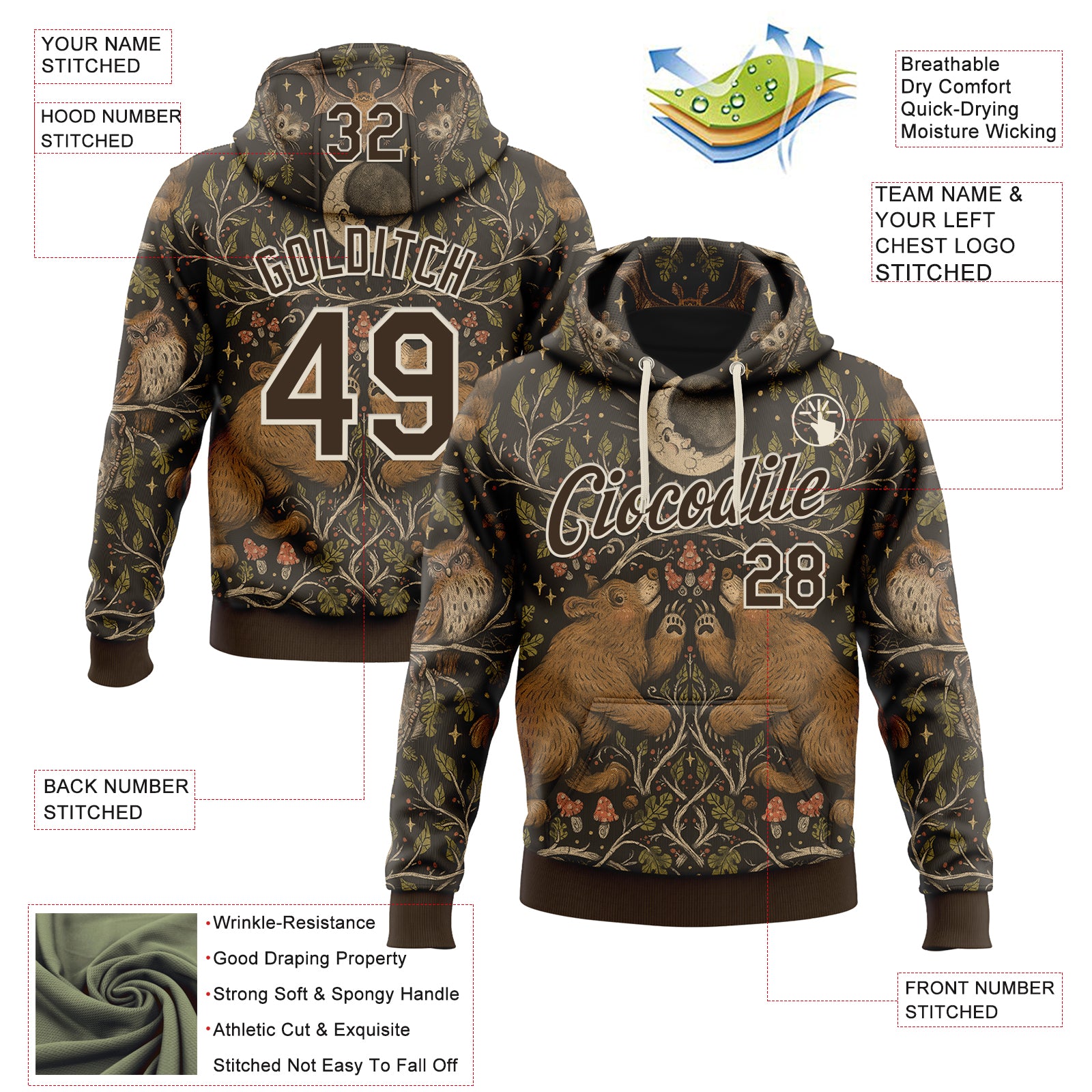 Custom Stitched Brown Cream 3D Emi Bee Woodland Moonlight Sports Pullover Sweatshirt Hoodie