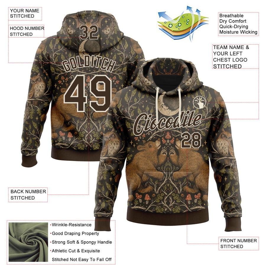 Custom Stitched Brown Cream 3D Emi Bee Woodland Moonlight Sports Pullover Sweatshirt Hoodie