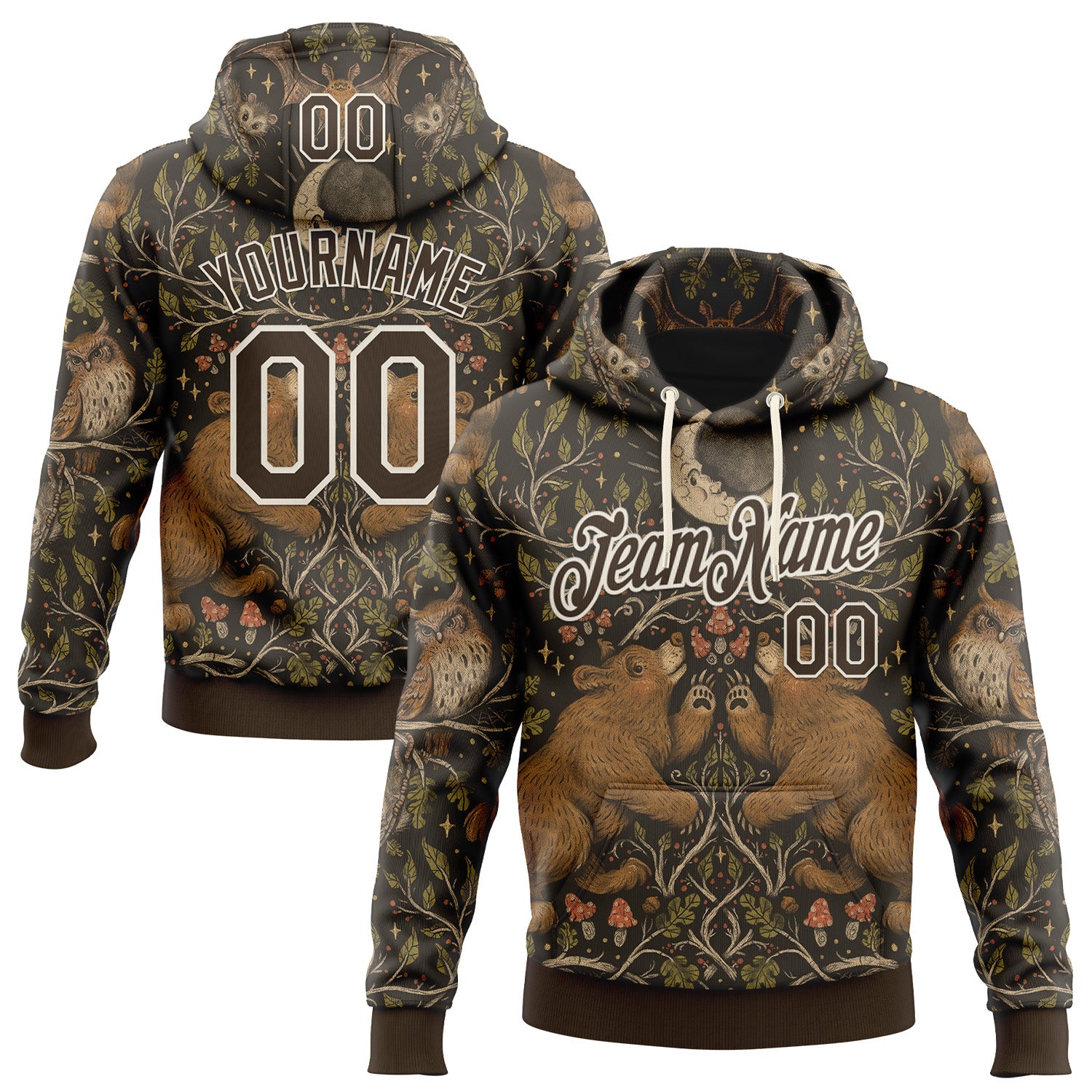 Custom Stitched Brown Cream 3D Emi Bee Woodland Moonlight Sports Pullover Sweatshirt Hoodie