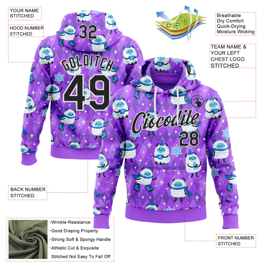 Custom Stitched Purple Black-White 3D Emi Bee Yetis In Snow Sports Pullover Sweatshirt Hoodie