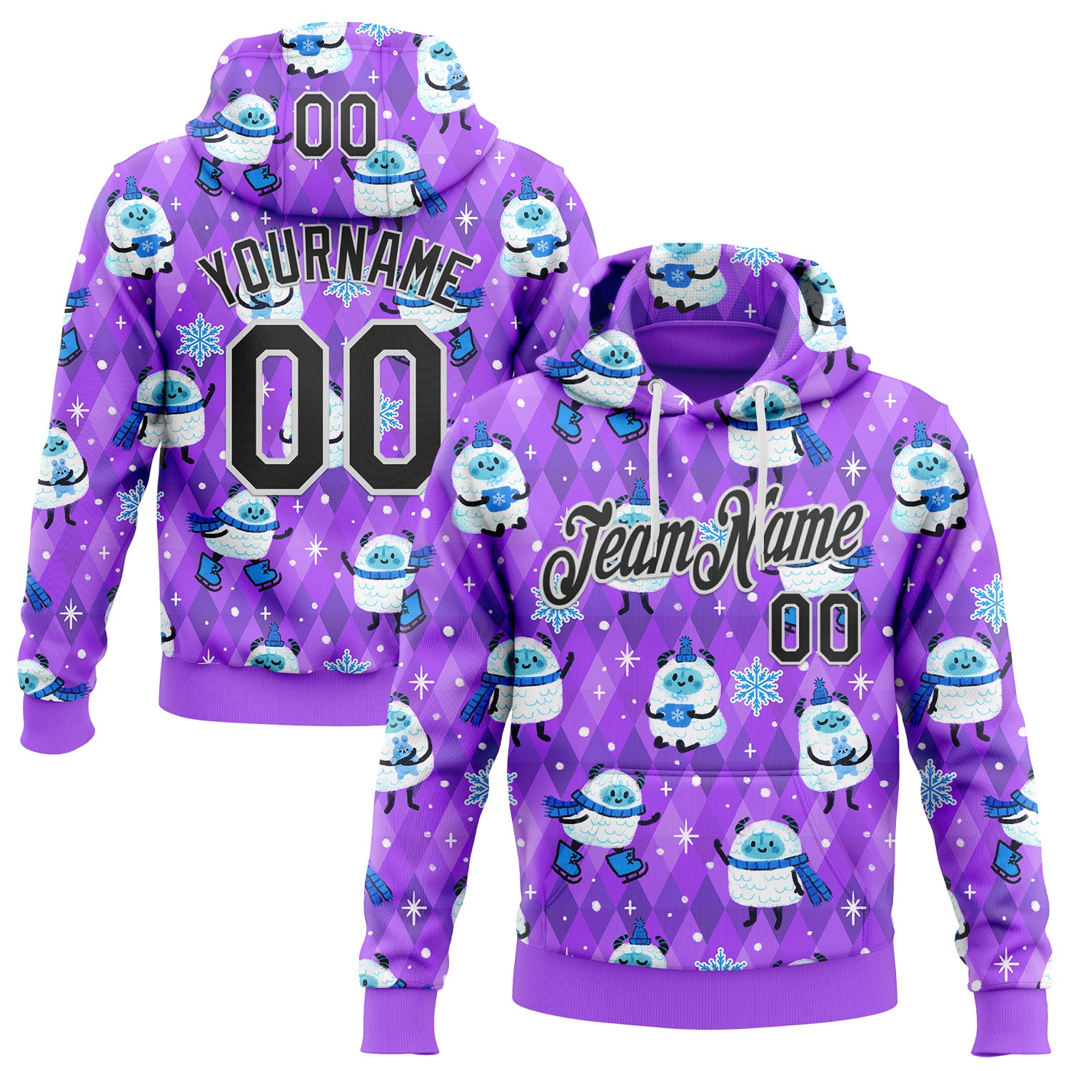 Custom Stitched Purple Black-White 3D Emi Bee Yetis In Snow Sports Pullover Sweatshirt Hoodie