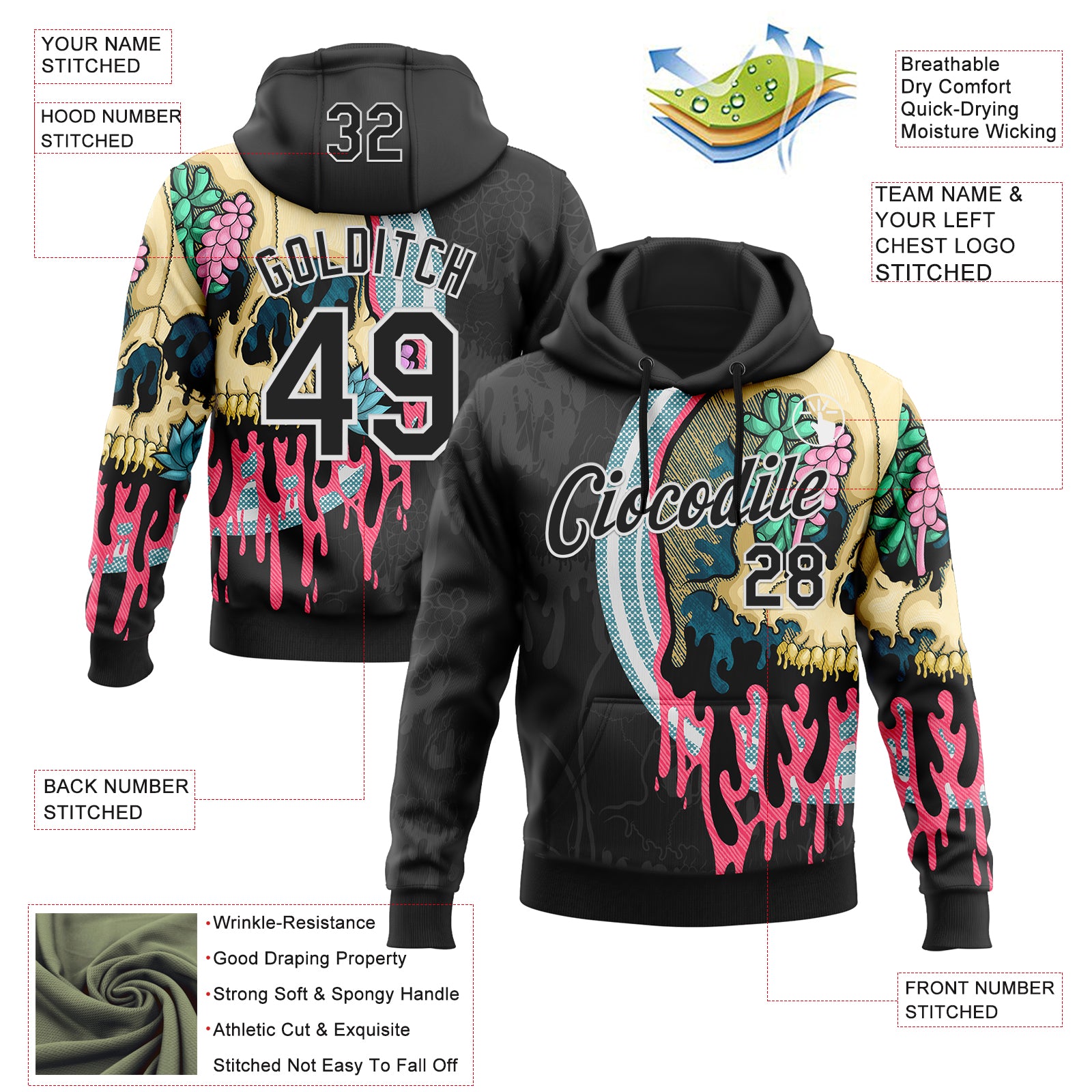 Custom Stitched Black Black-White 3D Illymakes Drippy Succulent Skull Sports Pullover Sweatshirt Hoodie