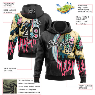Custom Stitched Black Black-White 3D Illymakes Drippy Succulent Skull Sports Pullover Sweatshirt Hoodie