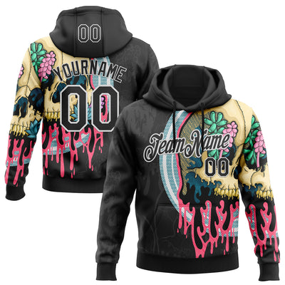 Custom Stitched Black Black-White 3D Illymakes Drippy Succulent Skull Sports Pullover Sweatshirt Hoodie