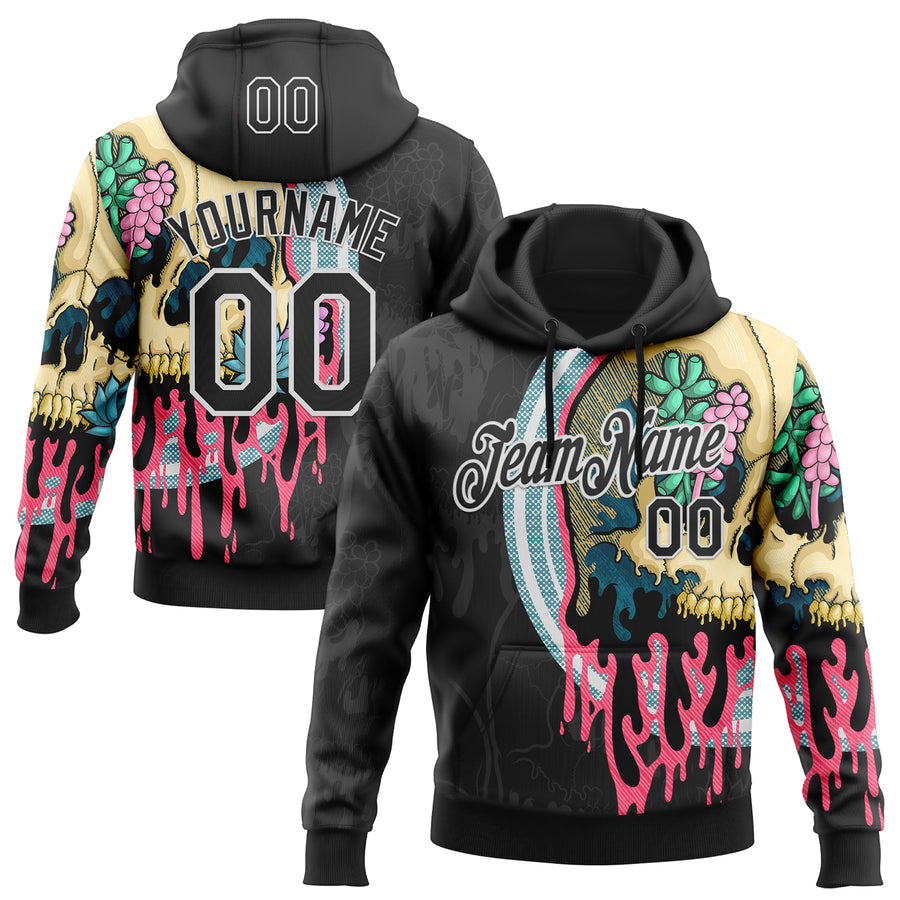 Custom Stitched Black Black-White 3D Illymakes Drippy Succulent Skull Sports Pullover Sweatshirt Hoodie